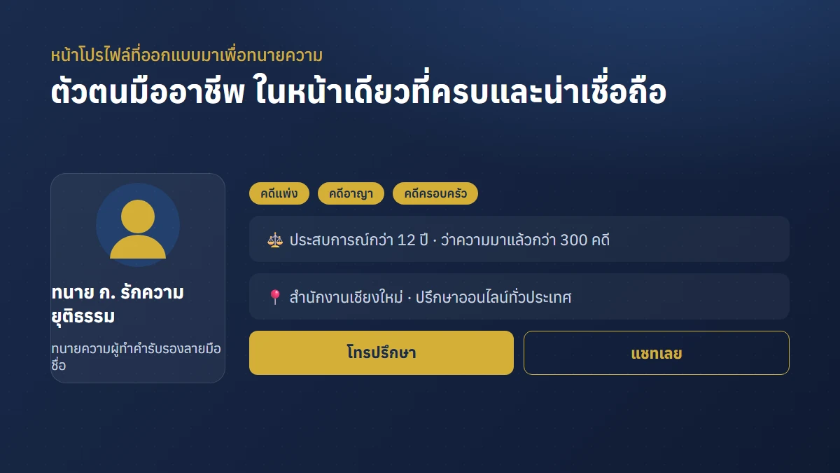 ตัวอย่างหน้าโปรไฟล์ทนายความบนเว็บไซต์ แสดงความเชี่ยวชาญ ประสบการณ์ และปุ่มติดต่อ